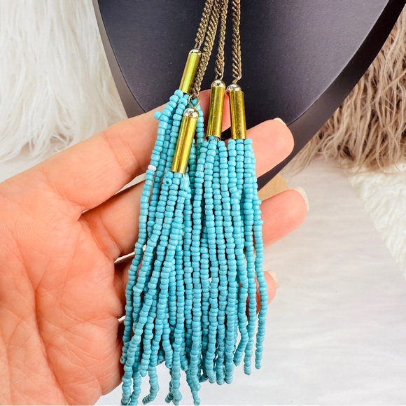 Bohemian southwestern chic aged brass tone blue beaded fringe long necklace - Picture 7 of 8